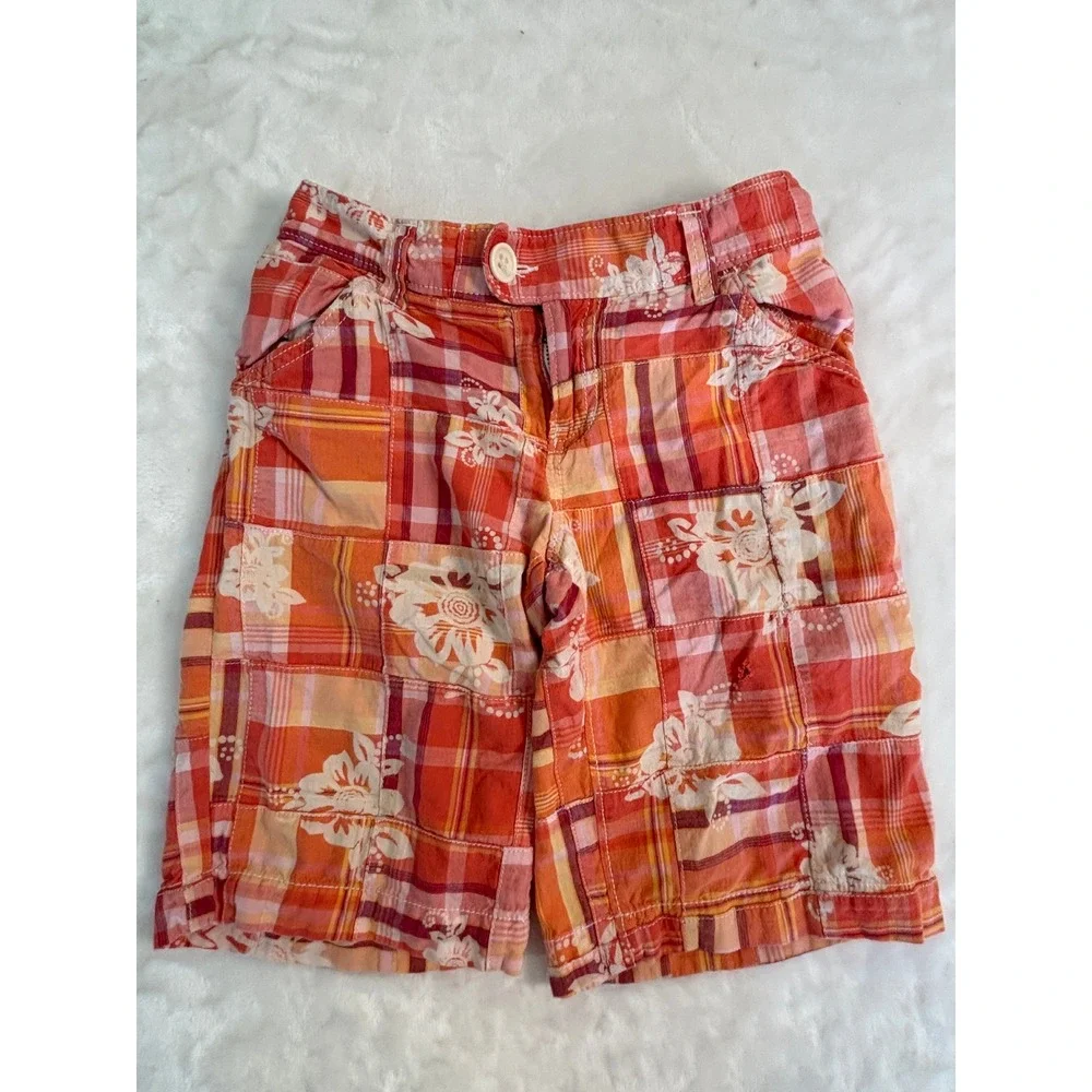Old Navy Girls Orange Pink Patchwork Plaid Floral Hibiscus Shorts Size 12‎